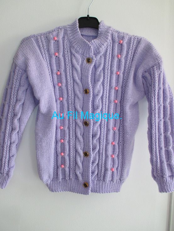 Gilet irlandais fille Fait-main tricot grosse laine 10 ans Création Au Fil Magique made en Hauts de France 62250 MARQUISE